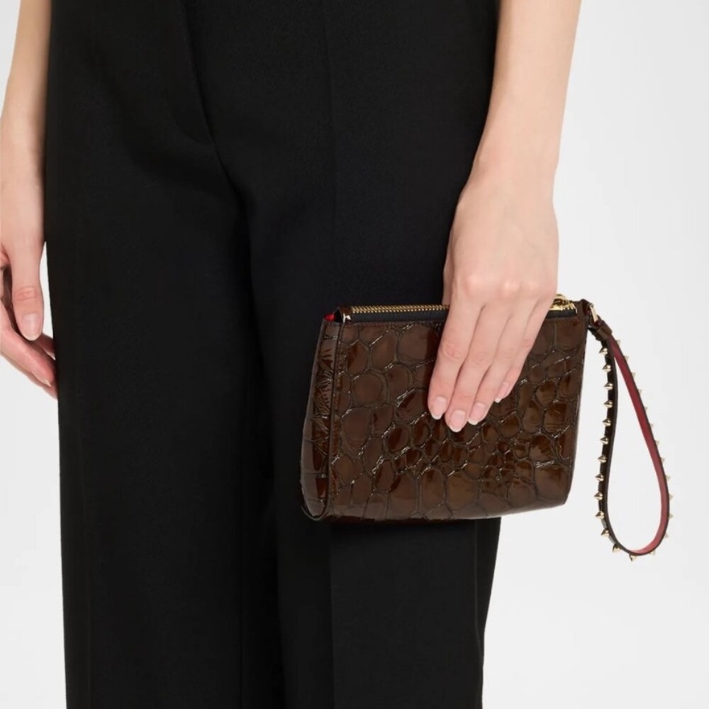 Christian Louboutin Cabata Croc Embossed Soft Pouch Spike Wristlet Mini - Picture 2 of 16